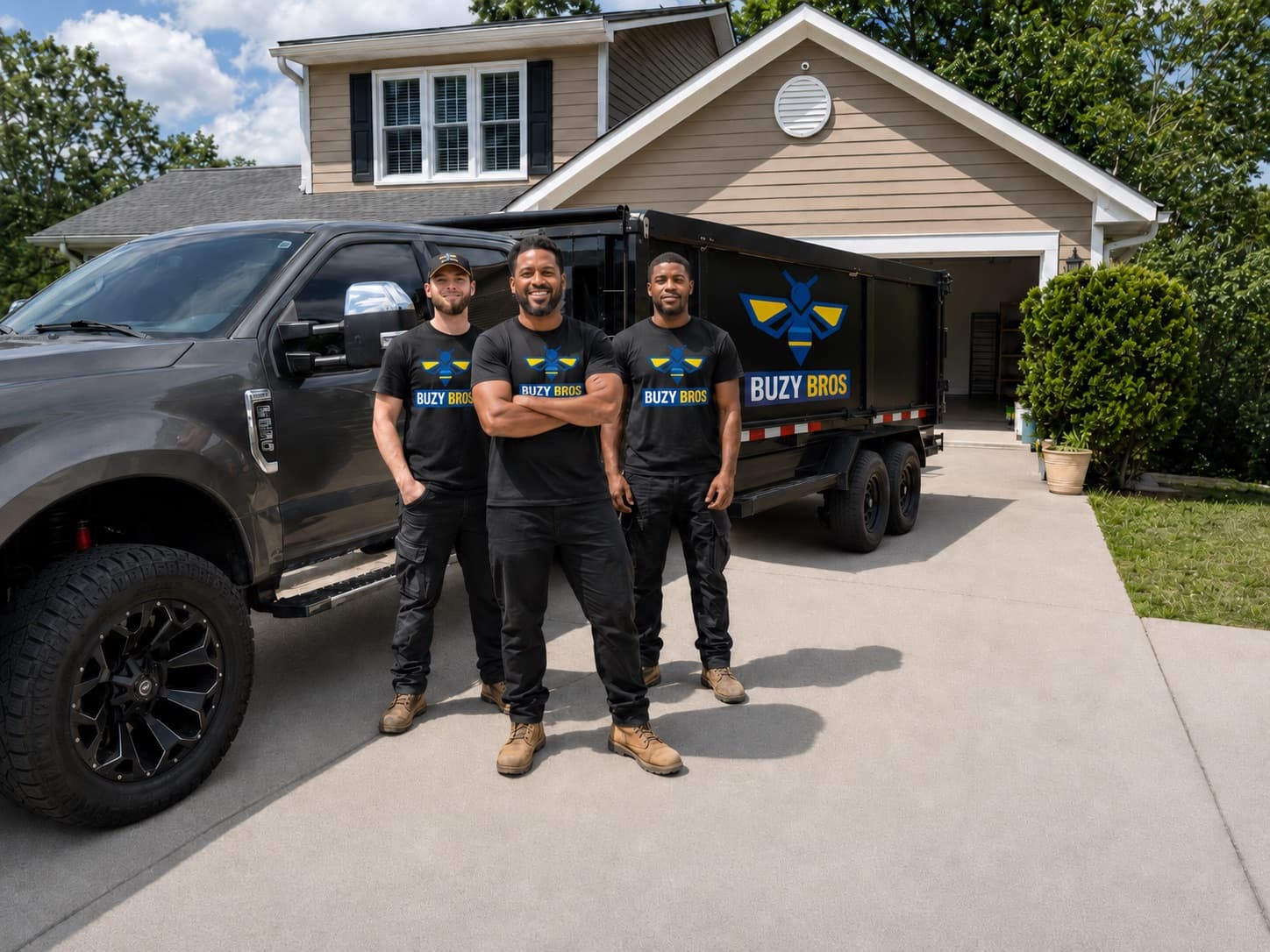 The Buzy Bros crew on a metro Atlanta job, standing in a driveway in front of their branded truck and dump trailer.